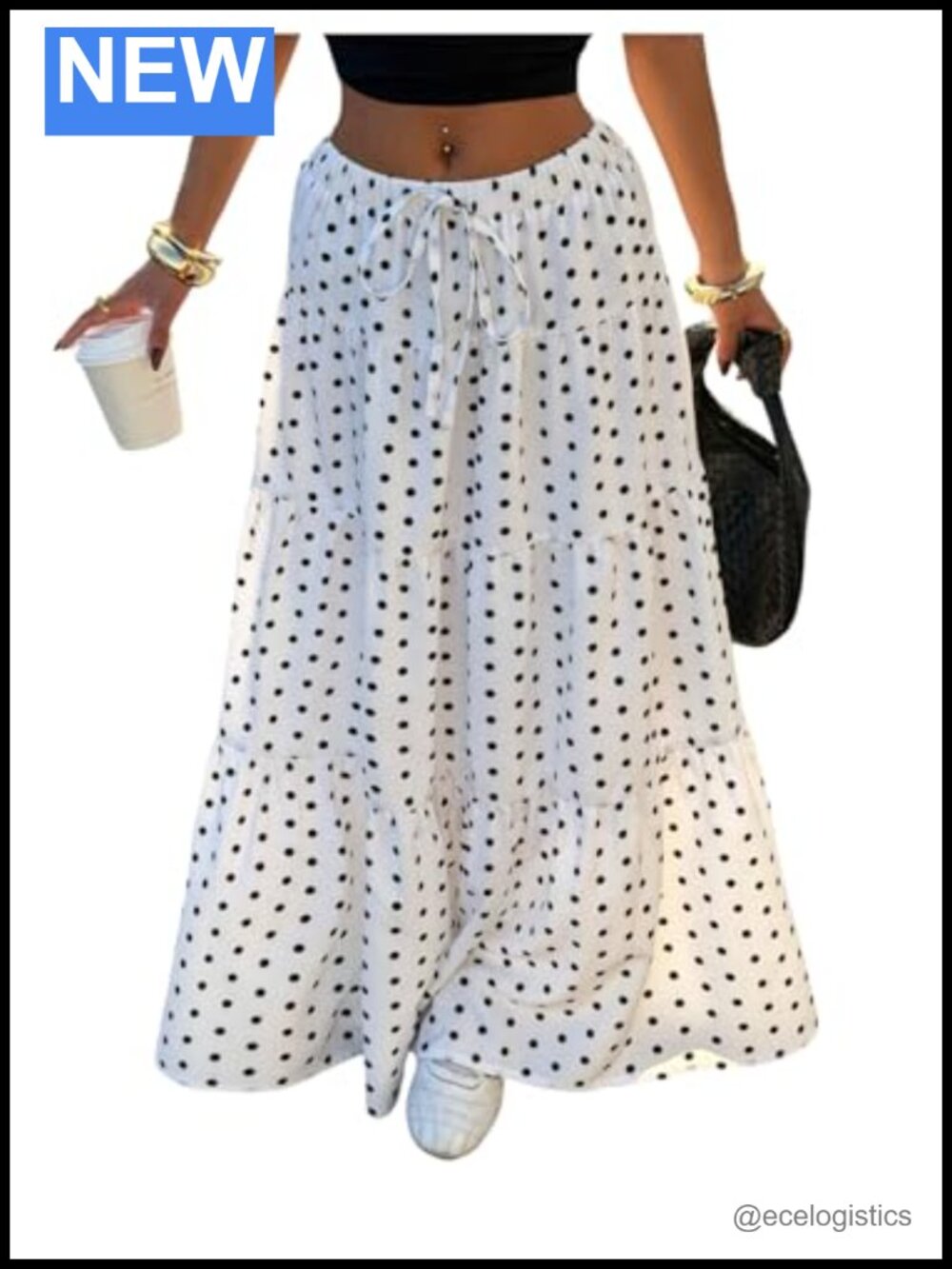 Polka Dot Maxi Skirt Tiered Ruffle Flowy A-Line Drawstring Elastic Waist